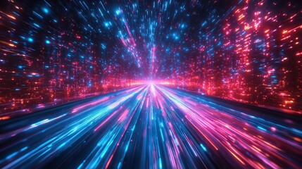 Abstract Light Speed Tunnel with Flowing Blue and Red Data Streams