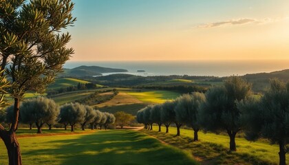 Fototapeta premium Serene Coastal Landscape with Rolling Hills and Verdant Olive Groves at Sunset