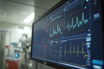 Insights from health data screen showcasing graphs, blood markers, and pulse readings in a hospital environment for personalized patient care