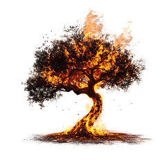 A Burning Bush Tree with Fire Isolated on Transparent Background