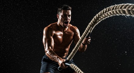 Fototapeta premium Athlete Performing Intense Battle Rope Exercises with Sweat Flying