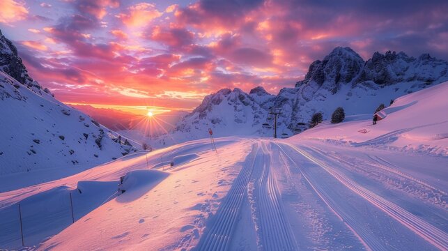 A stunning sunset casts vibrant colors across a snowy mountain range. Ski tracks mark the serene landscape, inviting adventure in the crisp winter air as the day ends peacefully. - Powered by Adobe
