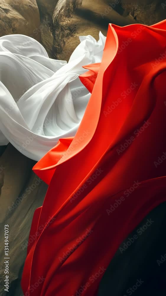 Poster dynamic flow of colorful fabric drapes creating a striking visual contrast in natural light