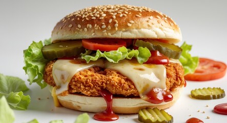 Delicious Crispy Chicken Sandwich with Cheese and Sauces on a Sesame Seed Bun