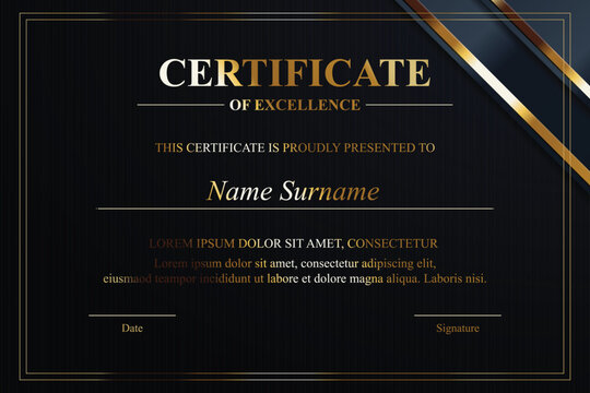 Gold-accented certificate design; dark background; award