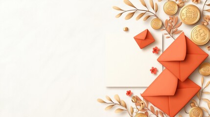 A flat lay composition featuring vibrant orange envelopes, a blank card, and decorative elements like flowers and coins, ideal for invitations or announcements