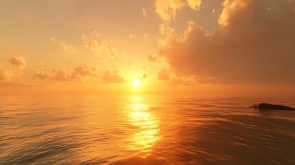 Fototapeta premium A serene sunset over calm waters, reflecting warm hues and soft clouds.