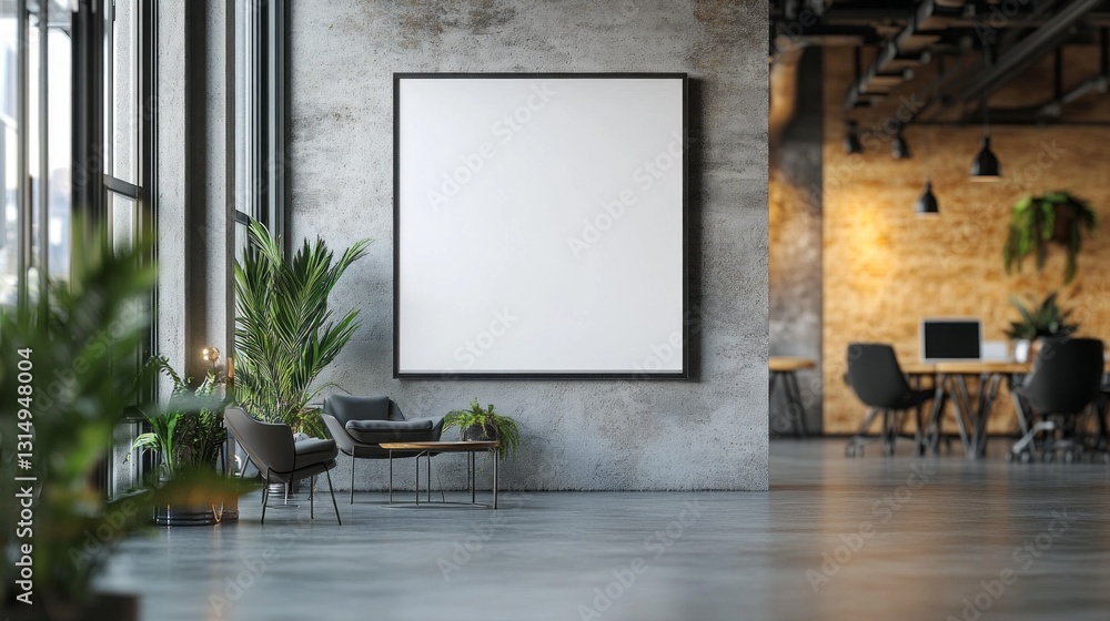 Poster in a spacious and modern workspace, abundant natural light highlights the sleek design. a large empt