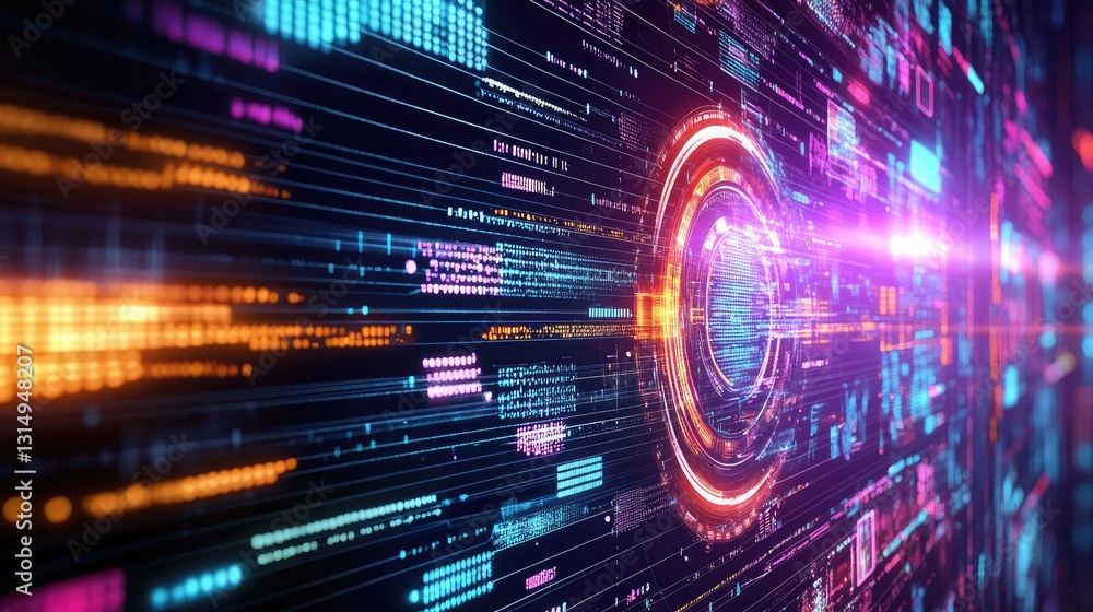 Poster futuristic digital interface showing data flow between interconnected points.