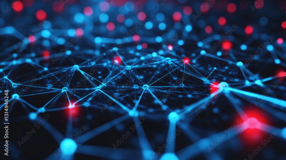 Poster futuristic digital interface showing data flow between interconnected points.