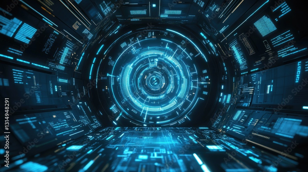 Poster futuristic digital interface showing data flow between interconnected points.
