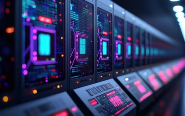 Obraz premium Row of High-Tech Quantum Computers in a Futuristic Environment