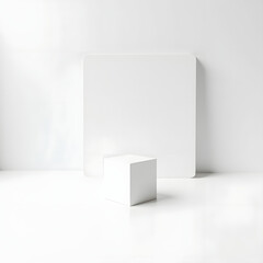 Fototapeta premium Minimalist White Cube on Pristine Surface with Soft Shadows – Abstract Simplicity and Modern Aesthetics