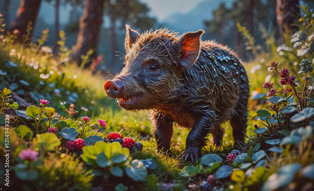 Poster Pig is walking through a field of flowers and berries. The pig is dirty and he is enjoying itself. The scene is peaceful and serene, with the pig being the main focus of the image