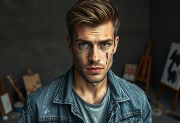 Fototapeta premium A male artist with a paint-splattered face, set against a gray-toned studio background