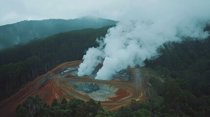 Fototapeta premium Geothermal power plant surrounded by steam rising from the earth.