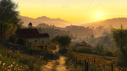 A serene landscape at sunset, showcasing rolling hills, a winding path, and a quaint house.