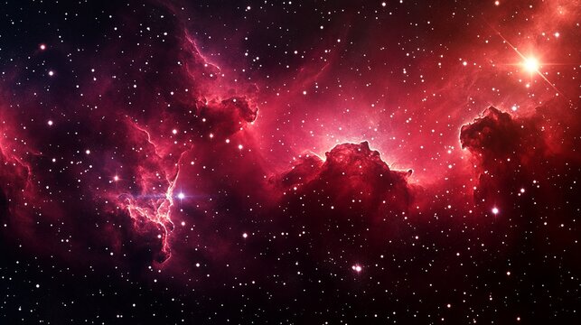 Deep red cosmic galaxy background with scattered stars and nebula clouds creating a space theme