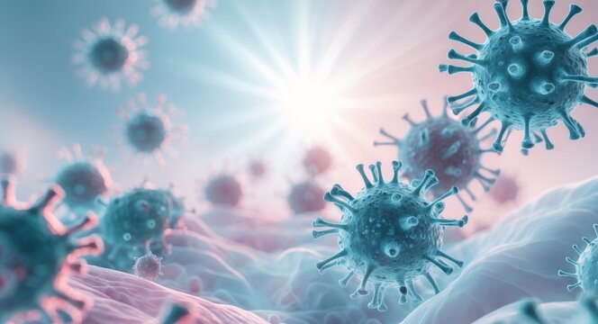 Microscopic view of viruses multiplying on a cellular level with light in the background.