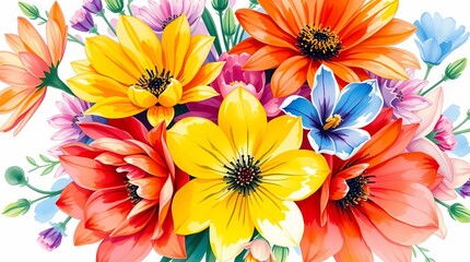 Obraz premium Vibrant Floral Bouquet: An array of colorful flowers arranged in a beautiful composition, showcasing their petals, textures, and intricate details, creating a bright and cheerful atmosphere.