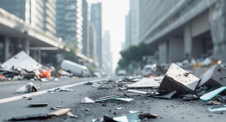 Street scene with debris scattered on the side of the road in an urban environment