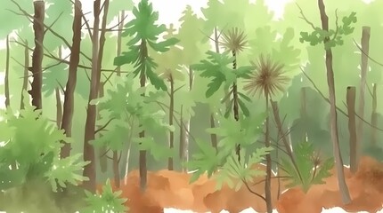 Enchanted Forest: A captivating watercolor painting that depicts a serene forest with towering trees in various shades of green, their branches reaching towards the light.