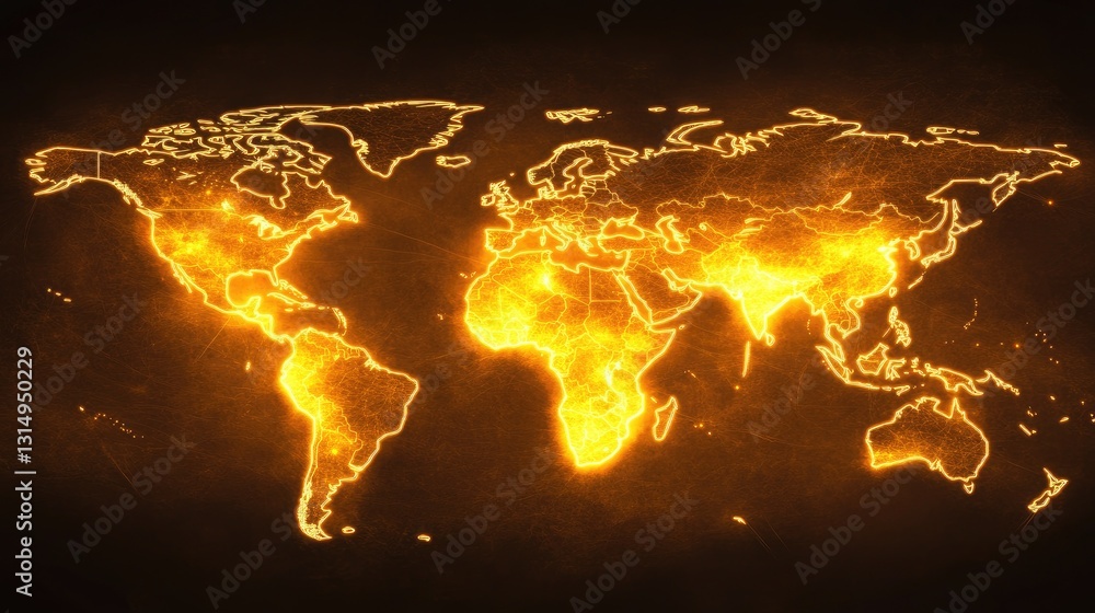 Poster global connection concept with a glowing world map and data streams.