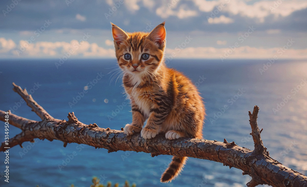 Poster kitten is sitting on a branch by the ocean. the kitten is orange and white with black stripes. the o
