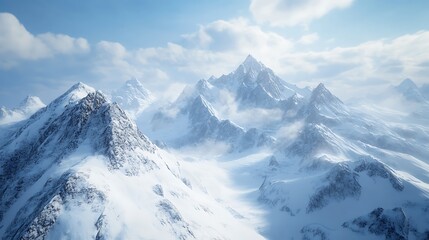 Naklejka premium A serene mountain landscape with snow-covered peaks and soft clouds in the sky.