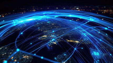 Obraz premium Global internet connectivity concept with glowing blue lines circling the Earth.