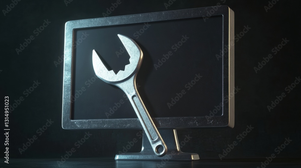 Aufkleber Icon representing computer repair and service featuring a monitor with a wrench and nut overlay along with space for additional text