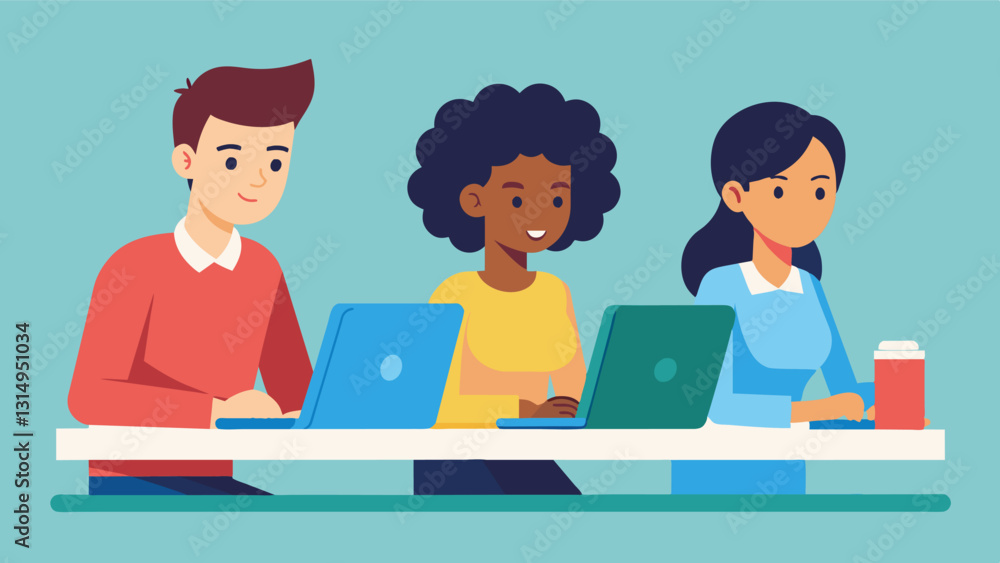Aufkleber three students working together at a table with one providing guidance and direction as the others t