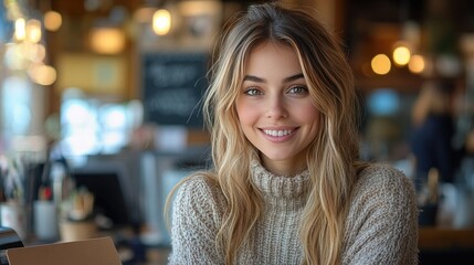 Fototapeta premium A smiling woman with glasses sits behind a modern reception desk, engaging with another person partially out of view.