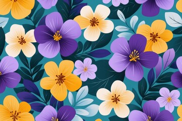 A vibrant floral pattern featuring an array of purple, yellow, and white flowers against a teal background.