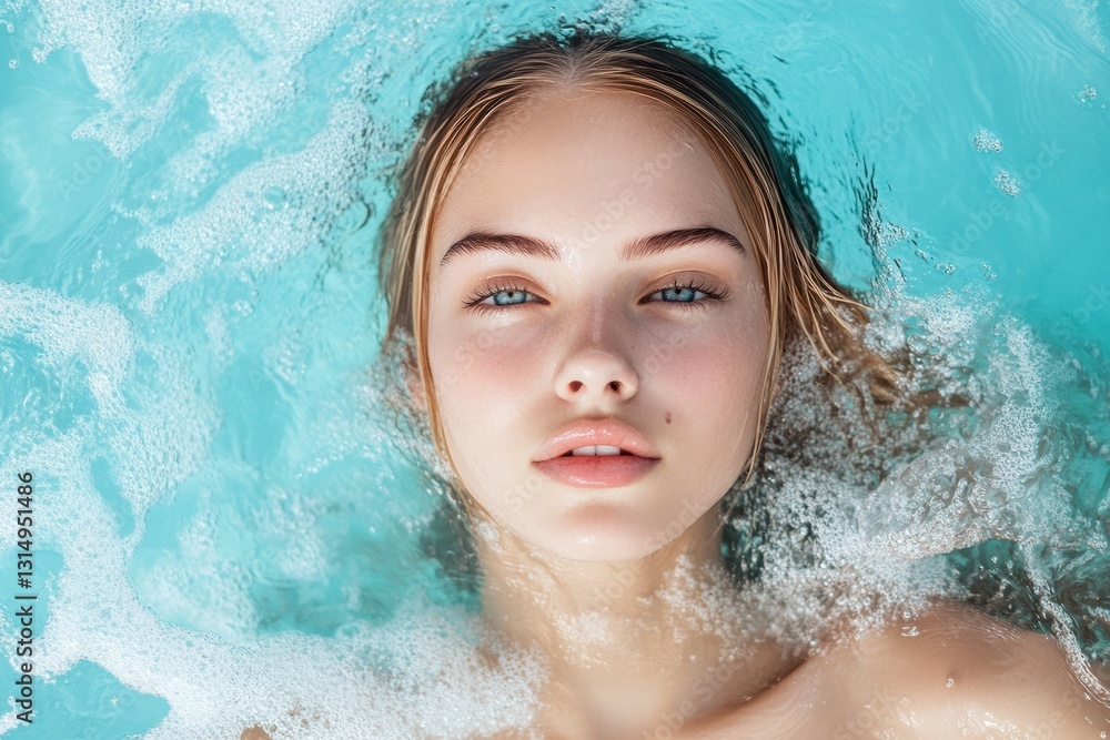 Poster person enjoying a refreshing swim in a pool with splashes captured from a top down view surrounded b