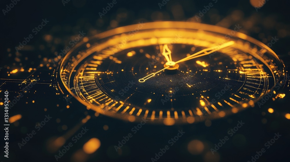 Poster glowing futuristic clock with abstract time-related graphics, symbolizing efficiency.
