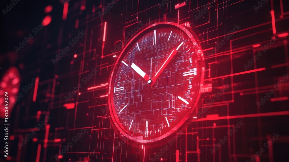 Poster glowing futuristic clock with abstract time-related graphics, symbolizing efficiency.