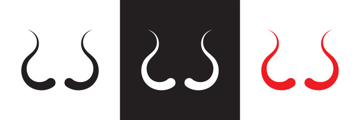 Black, white and red devil horns with curved shape design. Demon Horns. Halloween, evil, fantasy, spooky, horror concept.  Isolated on white, and black background. Vector illustration. EPS 10
