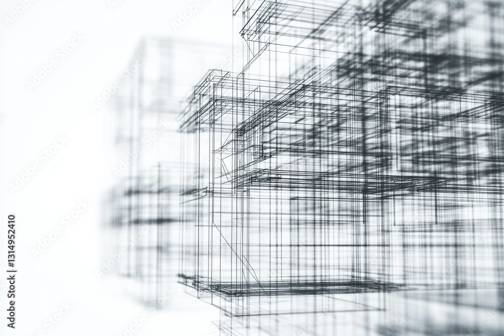 Poster abstract 3d wireframe structure, complex geometric design, intricate network of lines.