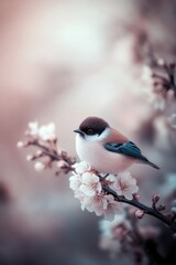 Bird on tree branch with beautiful flower in Spring.
