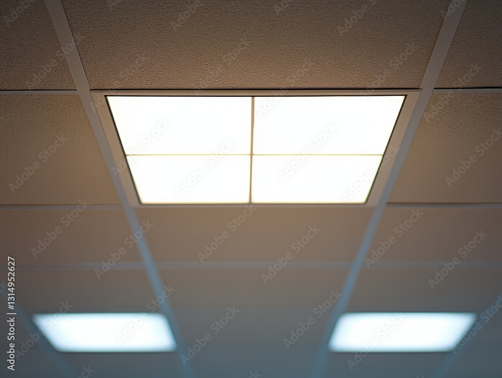 Aufkleber illuminated ceiling tiles create a modern grid pattern with bright light and neutral tones providing