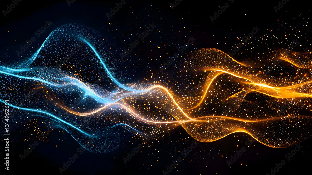 Poster dynamic abstract background with flowing blue and gold light waves and sparkling particles on a dark