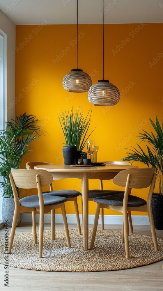 Poster a stylish dining area features a round wooden table surrounded by sleek chairs. lush green plants an