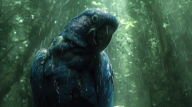 A hyacinth macaw in the rain, feathers glistening.
