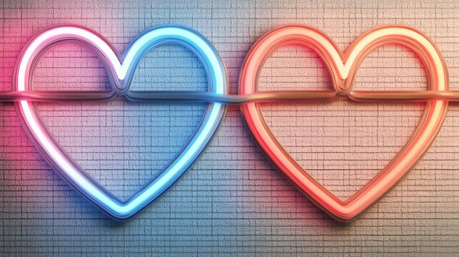 Neon heart lights in blue and red, connected by a glowing wire, set against a textured background, Ideal for decor, romantic themes, or digital media focused on love and relationships,