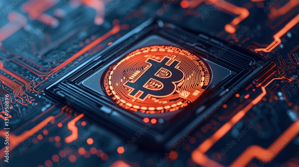 Aufkleber a close-up view of a bitcoin symbol surrounded by a circuit board design, representing cryptocurrenc
