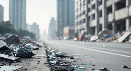 Street scene with debris scattered on the side of the road in an urban environment.
