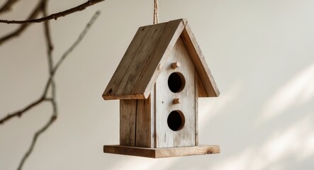 Rustic Wooden Birdhouse Hanging with Gabled Roof and Entrances.