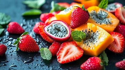 A minimalistic yet striking tropical fruit salad featuring dragon fruit, passion fruit, and ripe strawberries, placed artistically on a dark matte surface.