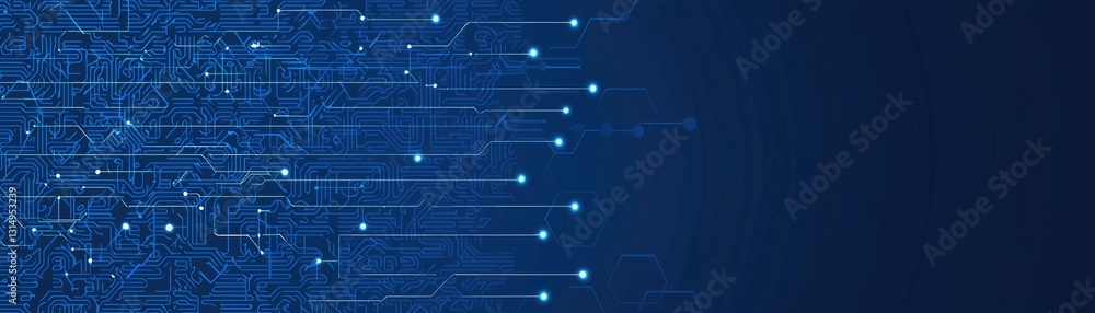 Poster blue digital circuit board background. tech website header